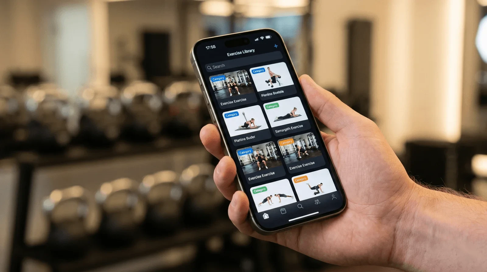 PurGrit exercise library showing filterable exercise cards with muscle activation maps