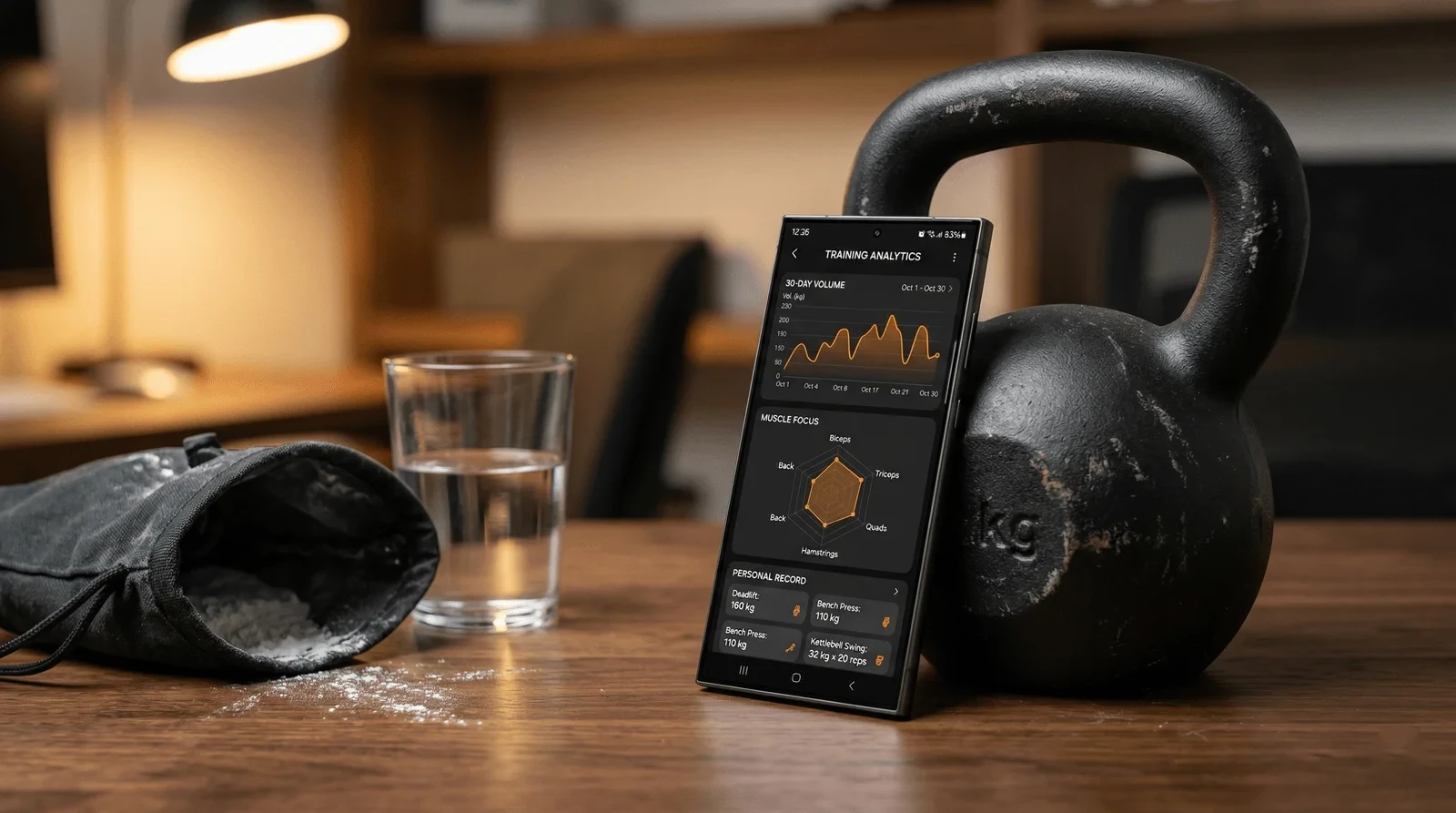 PurGrit progress analytics with volume charts, muscle group distribution, and streak tracking