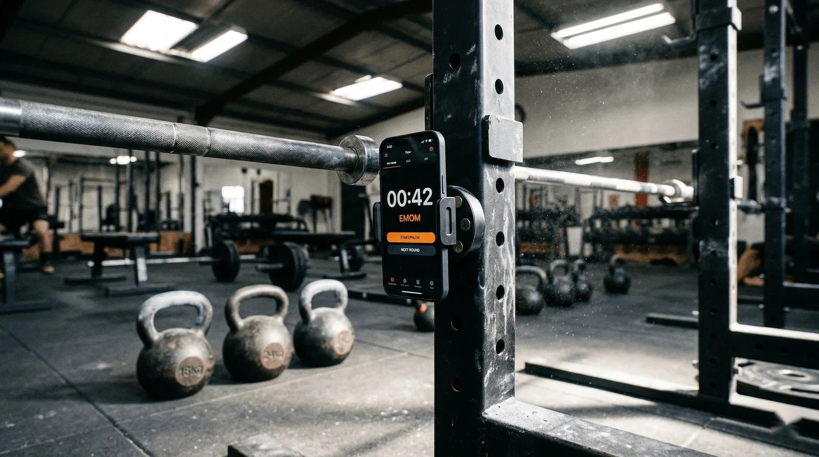 PurGrit timer system with countdown, EMOM, HIIT, and AMRAP modes in fullscreen display
