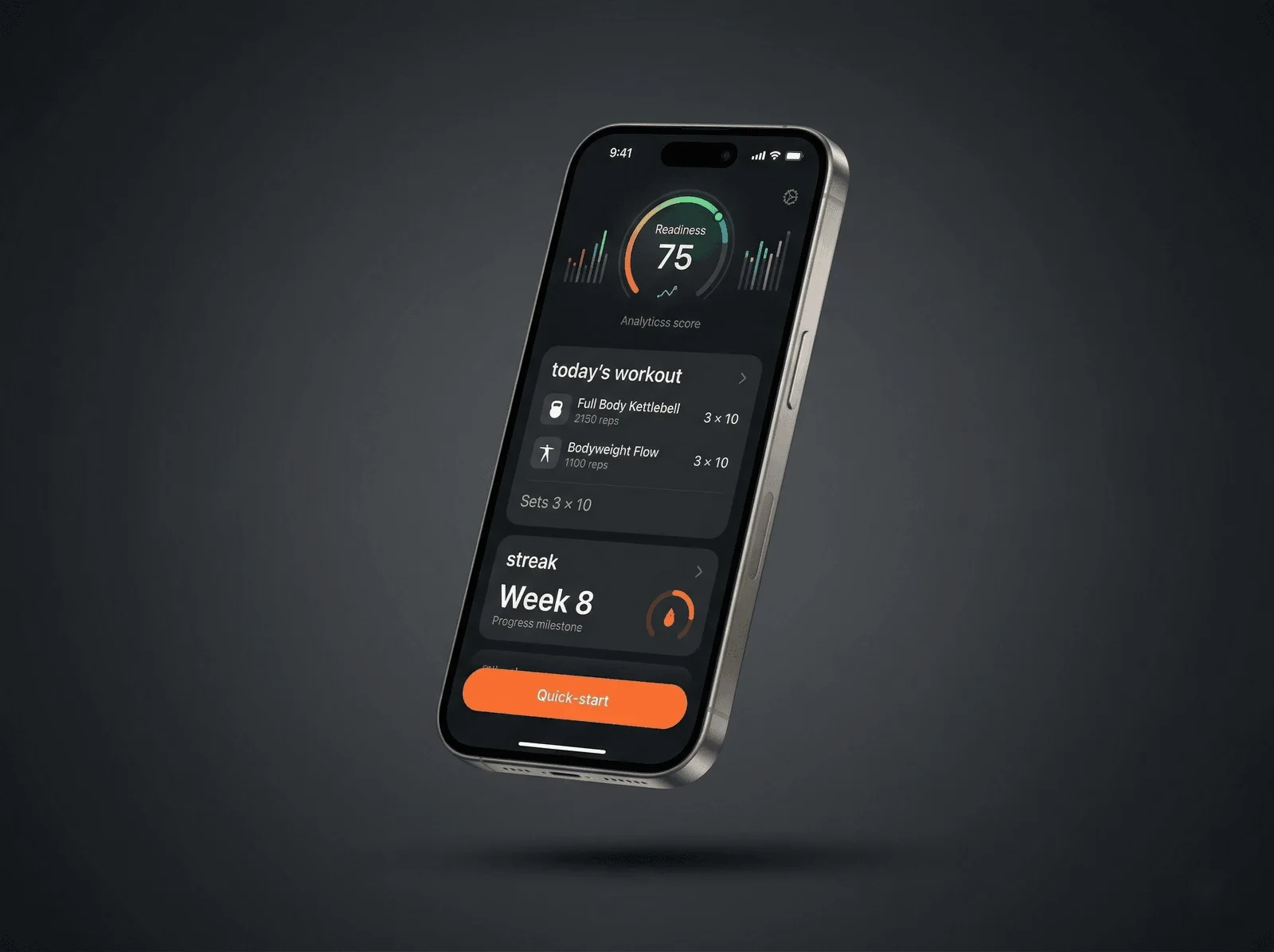 PurGrit app showing readiness score, today's workout, and streak counter