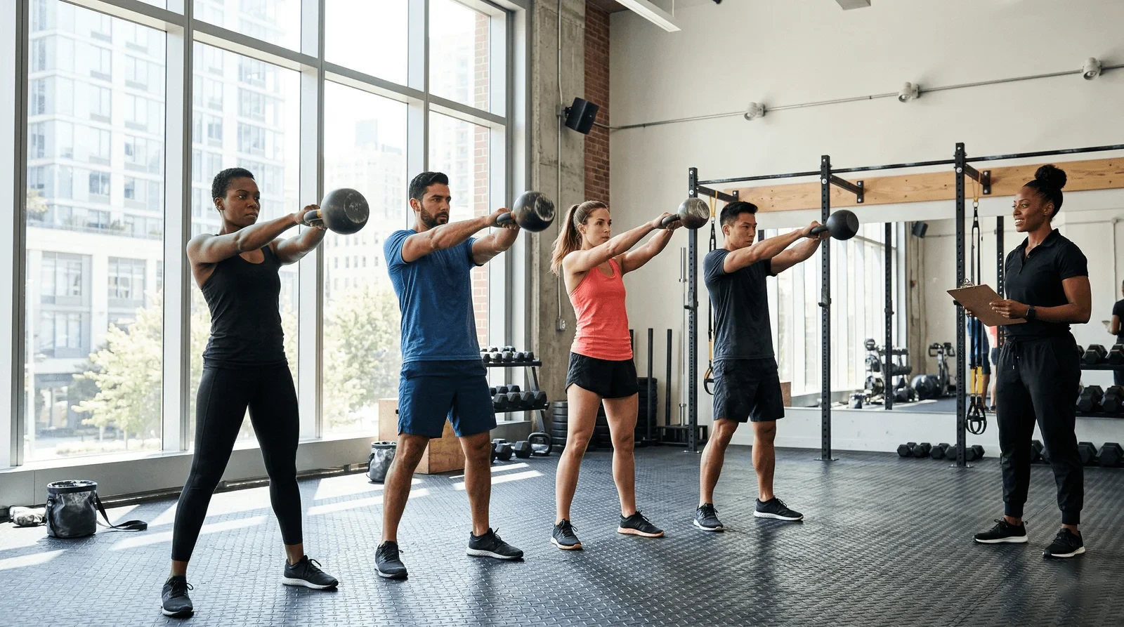 Group kettlebell training session in a gym